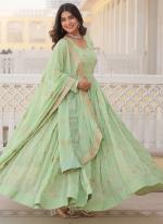 Faux Georgette Pista Green Traditional Wear Embroidery Work Readymade Gown